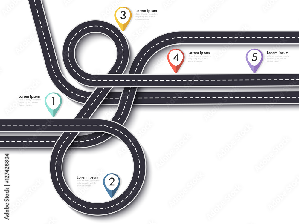 Poster road trip and journey route. winding road on a white isolated background with pin pointer.vector eps