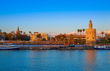 Seville sunset skyline torre del Oro and Giralda