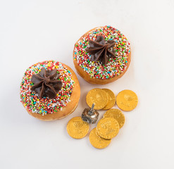 Fresh donuts with chocolate for Hanukkah celebration. 