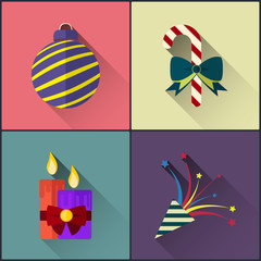 new year icon pack included christmas ball, candy, candles and slapstick. Flat Design Style