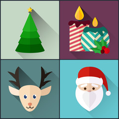 new year icon pack included christmas tree, candles, santa, deer. Flat Design Style