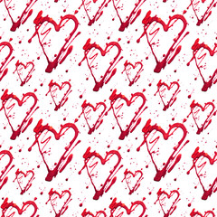 Seamless pattern with shine glitter heart and dots. Gold red draw blots. Hand-made. Isolated on white background. Fabric print. 3D rendering love