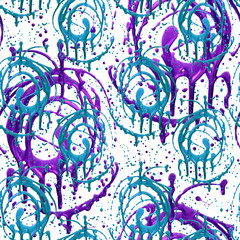 Seamless pattern with shine glitter stains and blots. Gold violet blue draw . Hand-made. Isolated on white background. Fabric print. 3D rendering