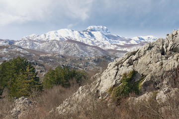 Fototapeta na wymiar Winter Montenegro. View of Mount Lovсen