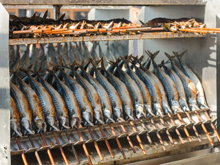 Cooking grilled mackerel on skewers