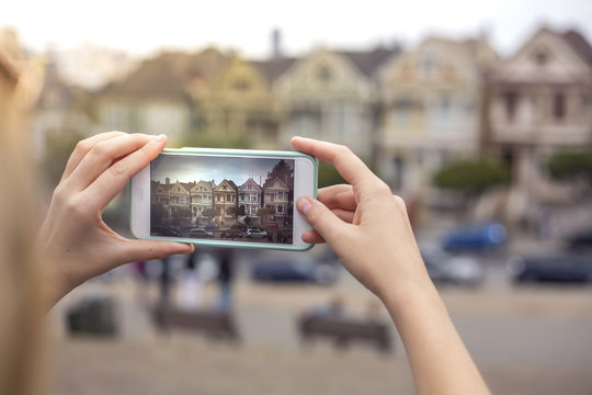 a tourist taking pictures of Painted Ladies with a smart phone,
