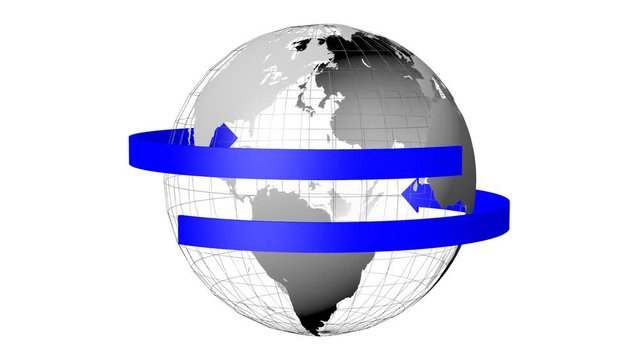 3D animation/ 3D rendering - Earth with all continents (Europe, Asia, Africa, South America, North America, Australia), blue arrows.