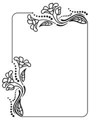 Black and white frame outline decorative flowers. Copy space. 