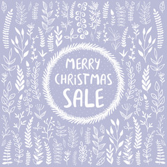 Merry Christmas promotion card. Vector illustration with leaves and branches. The image can be used for invitations and greeting cards.