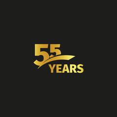 Isolated abstract golden 55th anniversary logo on black background. 55 number logotype. Fifty-five years jubilee celebration icon. Birthday emblem. Vector illustration.