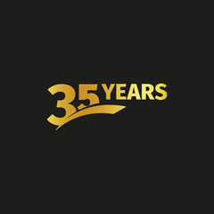 Isolated abstract golden 35th anniversary logo on black background. 35 number logotype. Thirty-five years jubilee celebration icon. Birthday emblem. Vector illustration.