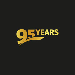 Isolated abstract golden 95th anniversary logo on black background. 95 number logotype. Ninty-five years jubilee celebration icon. Birthday emblem. Vector illustration.