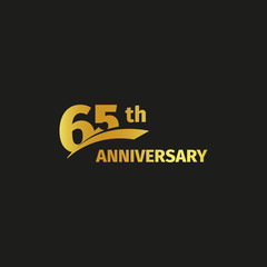 Isolated abstract golden 65th anniversary logo on black background. 65 number logotype. Sixty-five years jubilee celebration icon. Birthday emblem. Vector illustration.