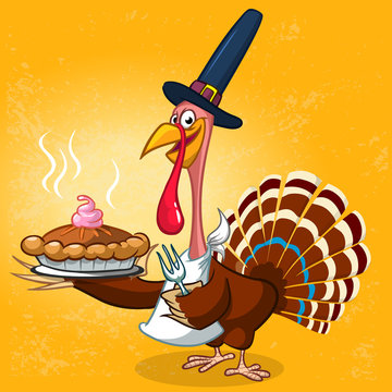 Thanksgiving turkey in pilgrim hat serving hot pumpkin pie. Vector cartoon character