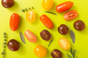 Colorful cherry tomatoes with herbs, on chartreuse yellow background.