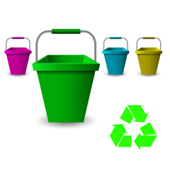 Set of colored plastic buckets for garbage. Vector illustration.