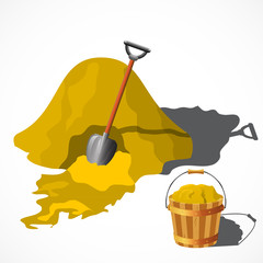 Mound of sand. Heap of sand, spade and wooden bucket. Vector ill