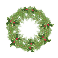 Christmas wreath of fir branches with mistletoe.Vector illustration.