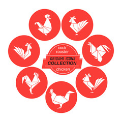 Cartoon cock icon set. Abstract white rooster sign silhouette in red circle. Freehand drawn stylized origami chicken emblem. Template geometric logo design. Design vector element hen symbol