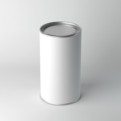 White Blank Tin can packaging mockup with metal cover. Tea, coffee, dry products, gift box. 3d rendering