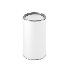 White Blank Tin can mockup. Cylindrical packaging with metal lid, Tea, coffee. 3d rendering