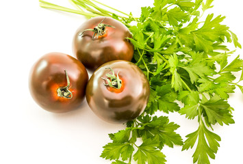 Black Tomato Indigo Rose isolated on white background. Grafted Tomato