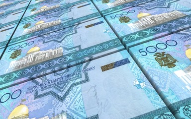 Turkmenistan money bills stacks background. 3D illustration.