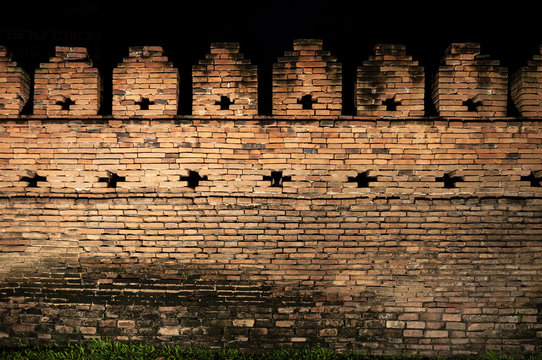 Walls of Ancient City at Night at chiangmai city thailand ,old Brick wall at night