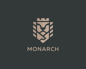 Lion face king vector logotype. Royal handshake deal contract crown luxury logo design. Premium sphinx business symbol.