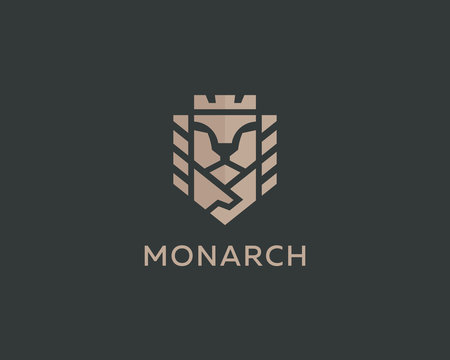 Lion face king vector logotype. Royal handshake deal contract crown luxury logo design. Premium sphinx business symbol.