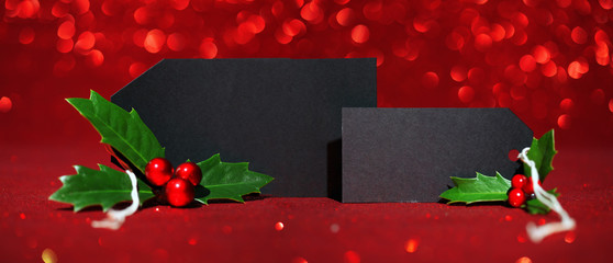 Blank sale tag on red glitter background