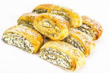 Bun puff pastry with cheese filling on a white