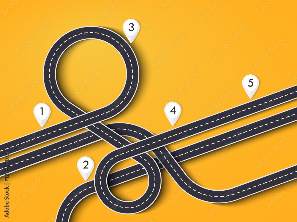Poster road trip and journey route. winding road on a colorful background with pin pointer. vector eps 10