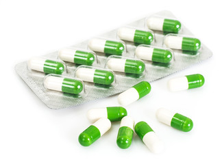 Color pills and medical bottle