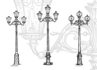 Fototapeta na wymiar Lamppost or street lamp. Sketch vector illustration