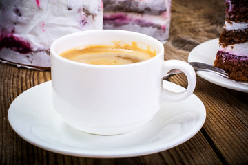 Cup of Coffee, Cake with Cream and Cherry