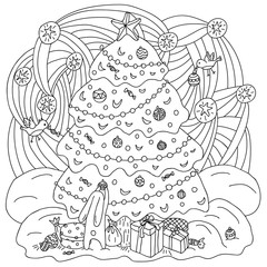 Coloring book Xmas theme. Gift card. Hare and birds adorn the Christmas tree. Vector - 127441625