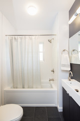 Fototapeta na wymiar Minimalistic bathroom with narrow sink and shower.