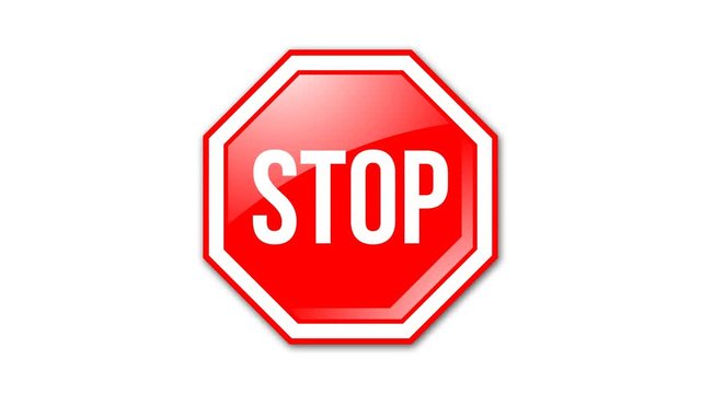 Octagonal and glossy STOP road sign animated on transparent background with alpha channel. 4K UltraHD motion graphic come in on scene and come out animation.