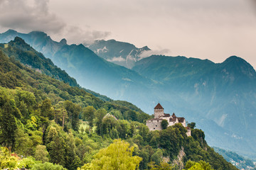Wide view of Vaduz castle and Alps, Lichtenstein - obrazy, fototapety, plakaty