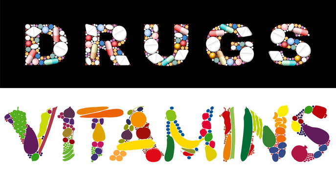 The words DRUGS and VITAMINS composed with pills and capsules, and fruits and vegetables.