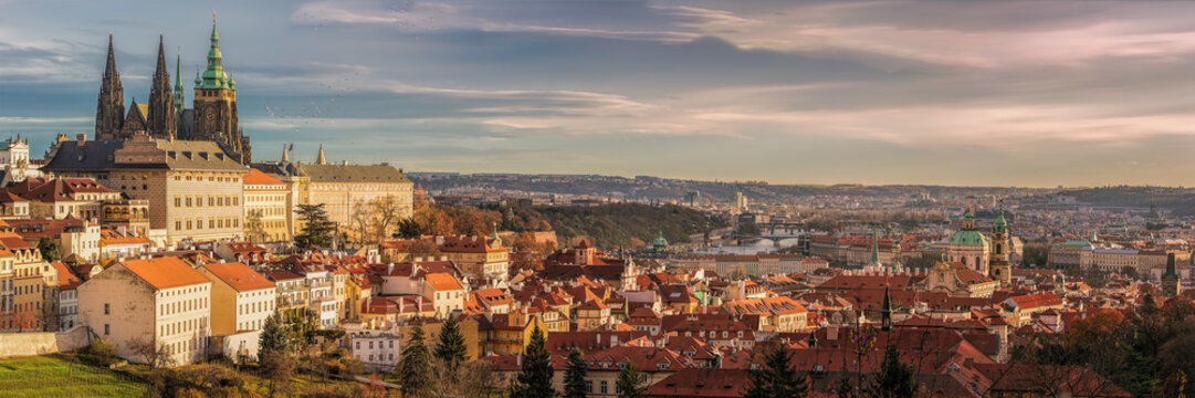 Prague panorama with Prague Castle, Prague river Vltava and many
