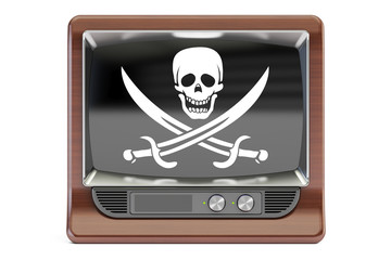Piracy concept 3D rendering TV set with pirate flag