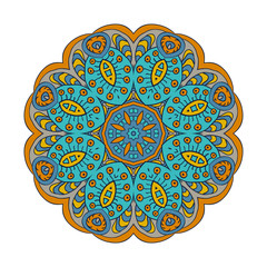 Mandala flower. Doodle drawing. Round ornament. Blue and mustard color
