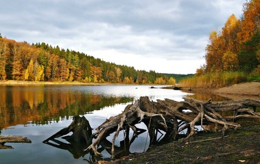mystische Herbstlandschaft am See - 127443845
