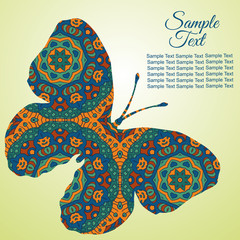 Doodle Zentangl drawing. Holiday card butterfly. Tenderness of spring. Blue and brown colors