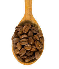 coffee beans in a wooden spoon isolated on white