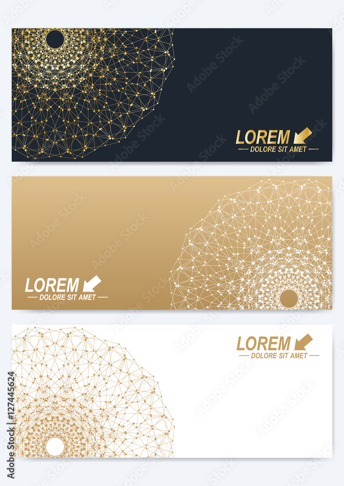 Poster Modern set of vector banners. Geometric abstract presentation with golden mandala. Molecule and communication background for medicine, science, technology, chemistry. Digital or science representation
