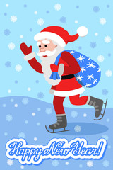 Vector greeting card with lettering congratulation and flat style Santa Claus on ice skates.