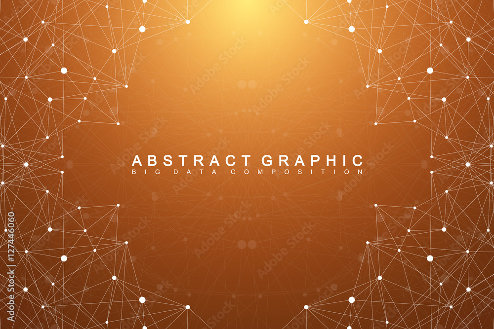 Poster Graphic abstract background communication. Geometric scientific pattern with compounds. Minimal array lines and dots. Digital data visualization. Scientific vector illustration for your design